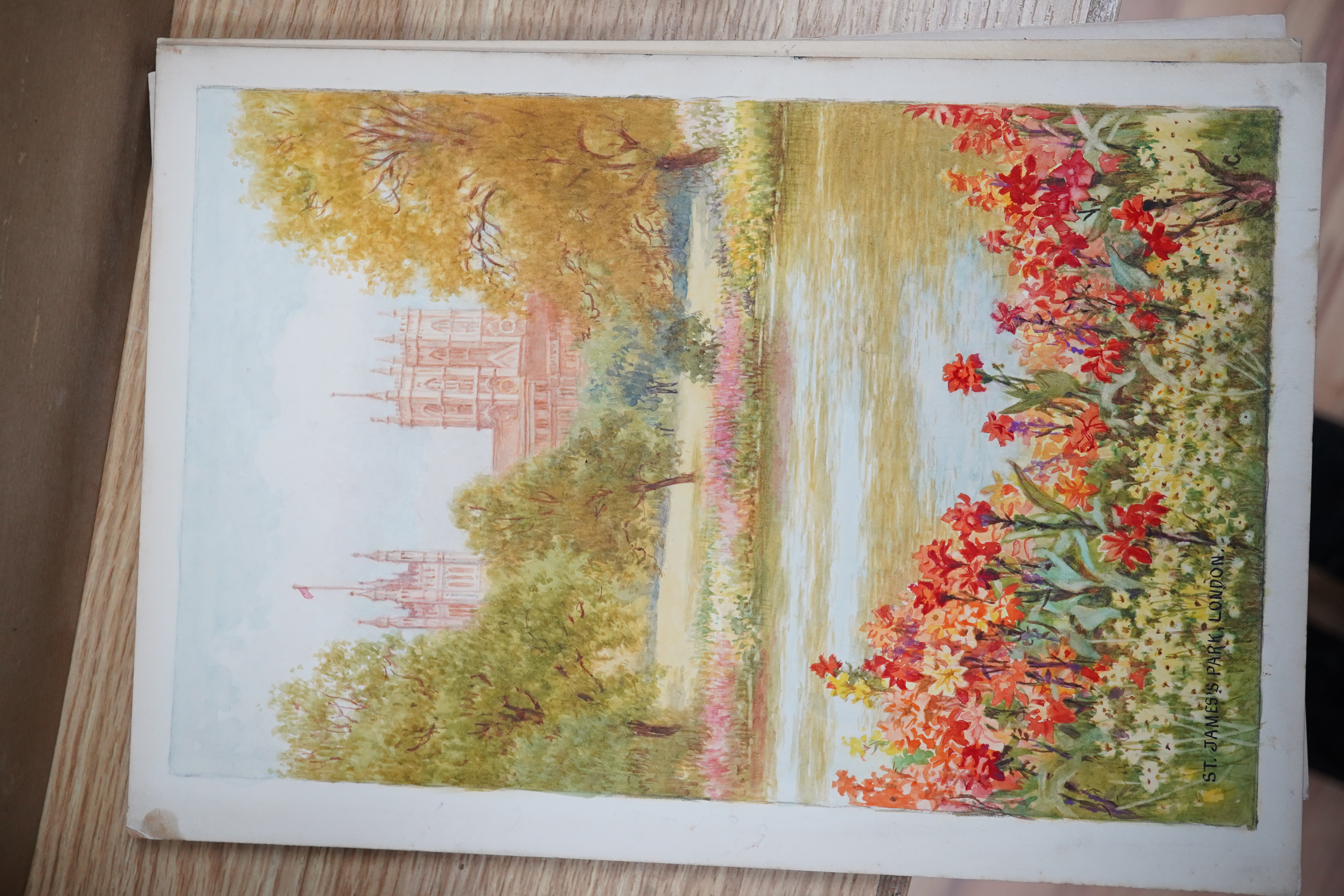 William Affleck, (Aka Carruthers, 1868-1943), four original watercolours for postcards, London Parks and Gardens comprising St James Park, Regents Park, Kew Gardens and Kensington Gardens, each initialled, 30 x 21cm, unf